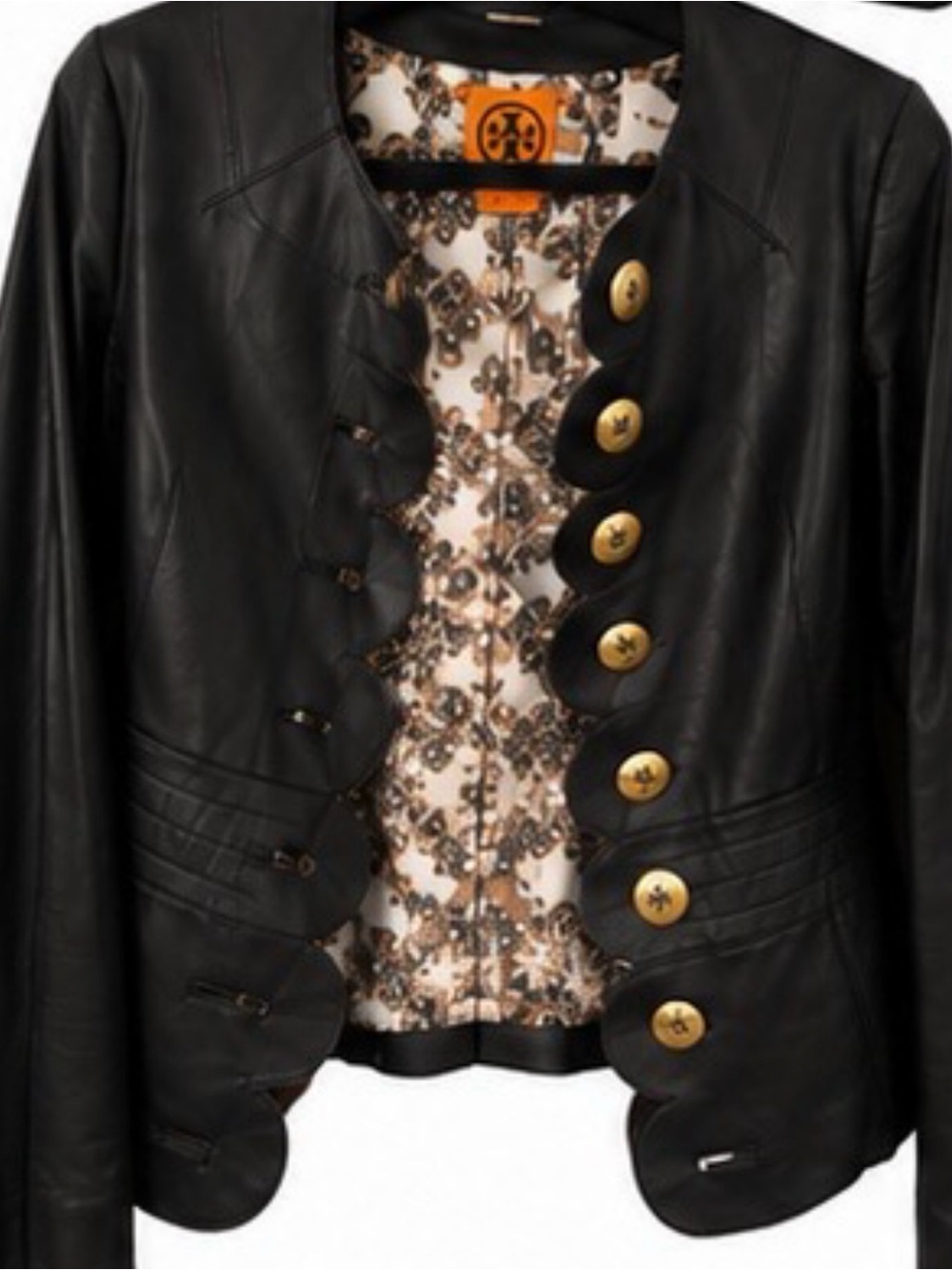 Tory Burch Black Leather Scalloped Jacket with Gold Logo Buttons - Picture 6 of 7
